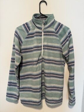 Eddie Bauer Half Zip Fleece Sweater in Sage, Navy & Cream Stripes